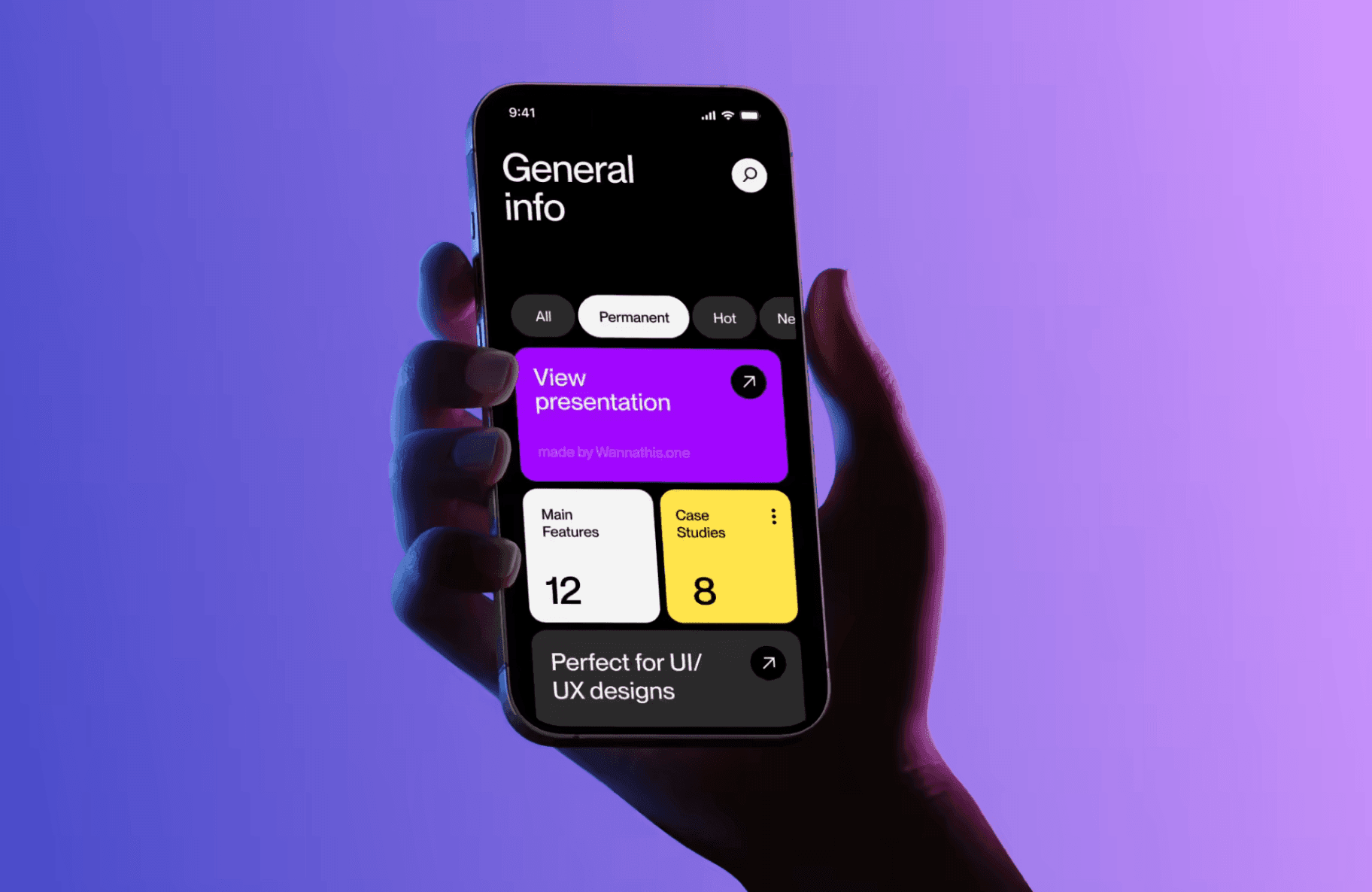 iPhone mockup held by 3D hand on purple gradient background, UI design preview by Wannathis