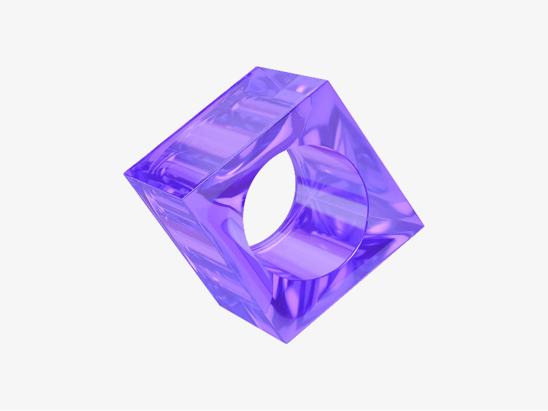 Transparent purple abstract 3D cube with a round hole