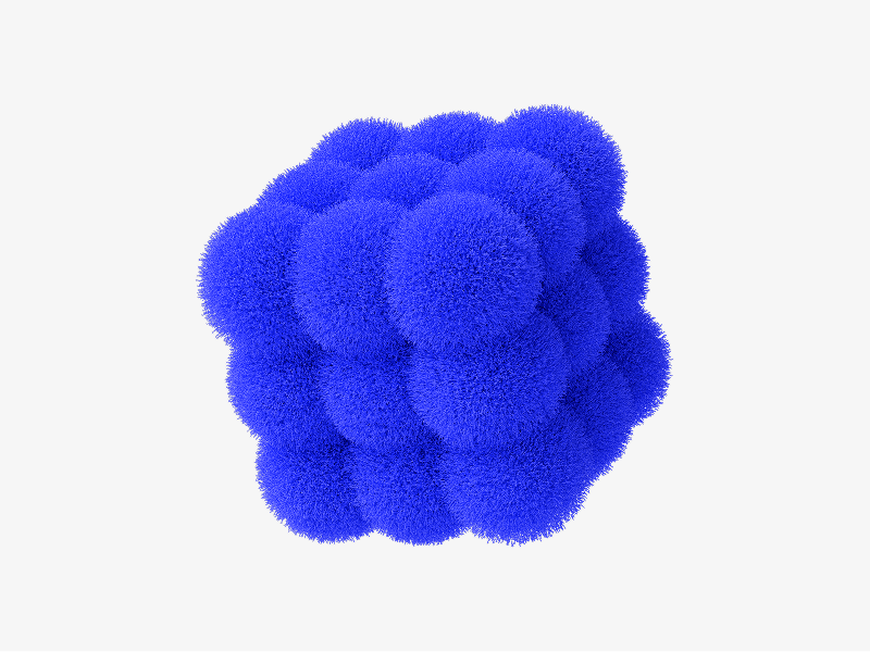 Blue abstract 3D form made of rounded shapes with dense fuzzy texture