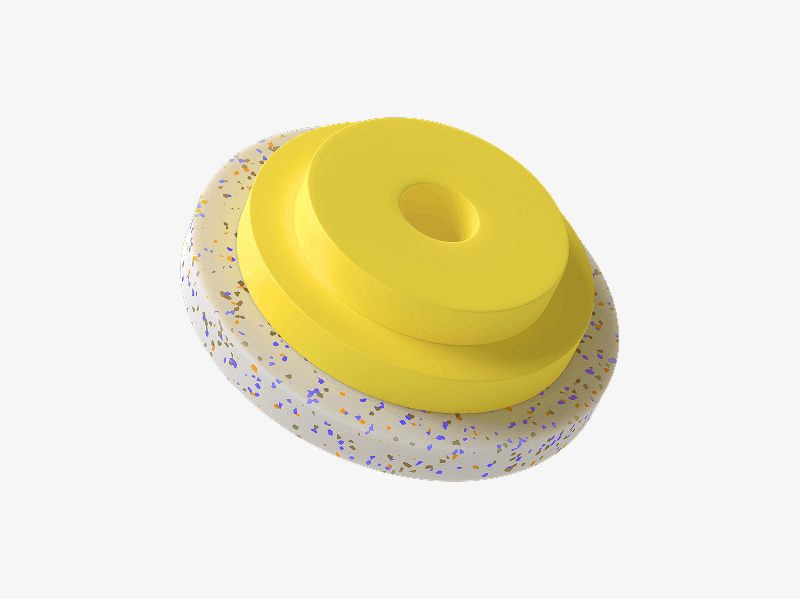 White speckled abstract 3D form with stacked yellow disks
