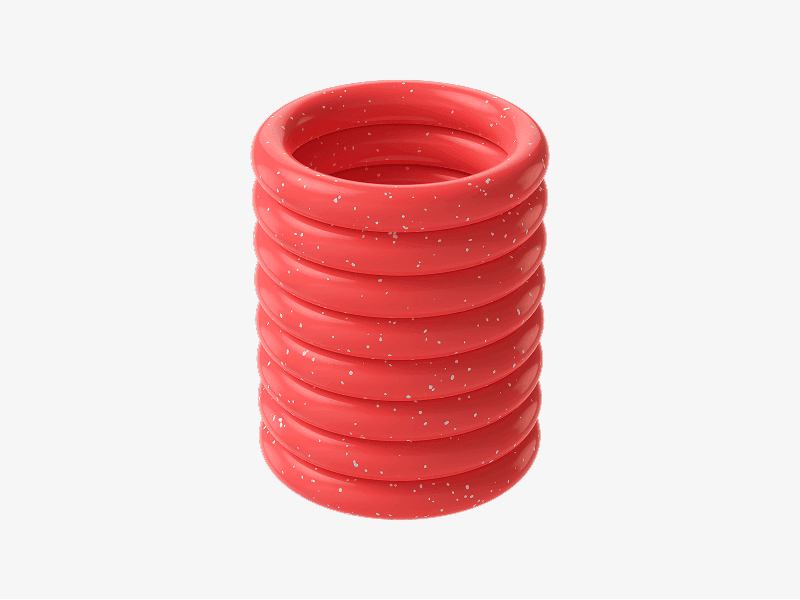 Red abstract 3D form made of stacked rounded rings with speckled surface