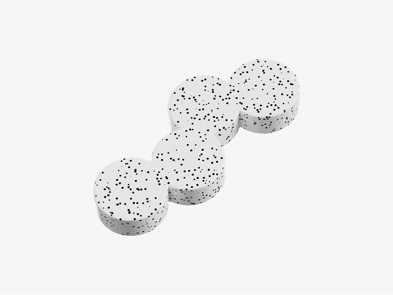 White abstract 3D shape made of four connected rounded segments with black speckles