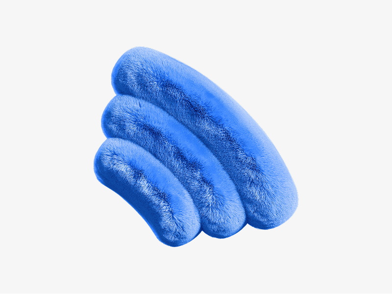 Blue abstract 3D shape made of stacked rounded forms with fuzzy texture
