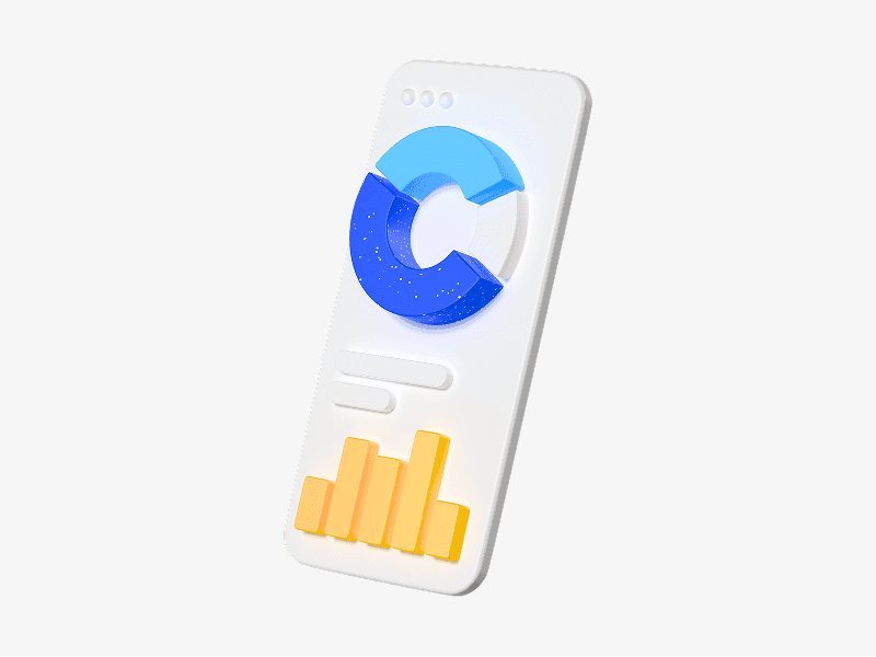 3D mobile analytics screen with bar chart shown from an angle