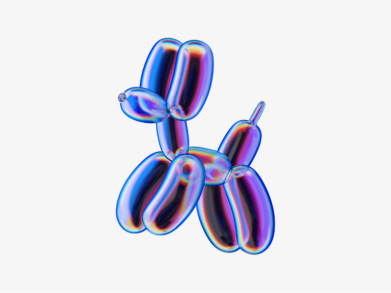 Balloon dog shape made of colorful glass shown as a 3D illustratio