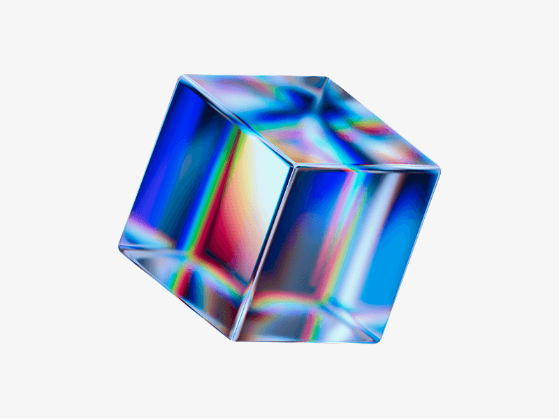 Transparent glass cube with rainbow reflections shown as a 3D illustration