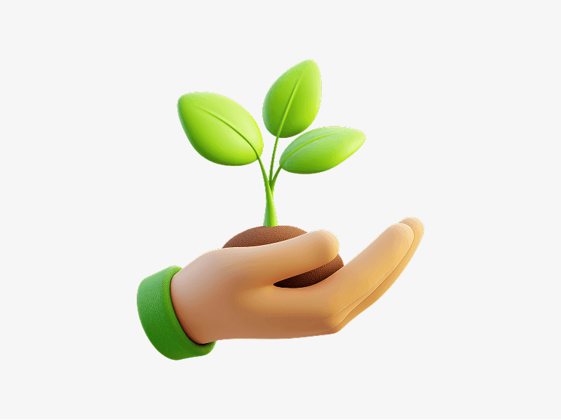 Hand holding a small plant shown as a 3D illustration