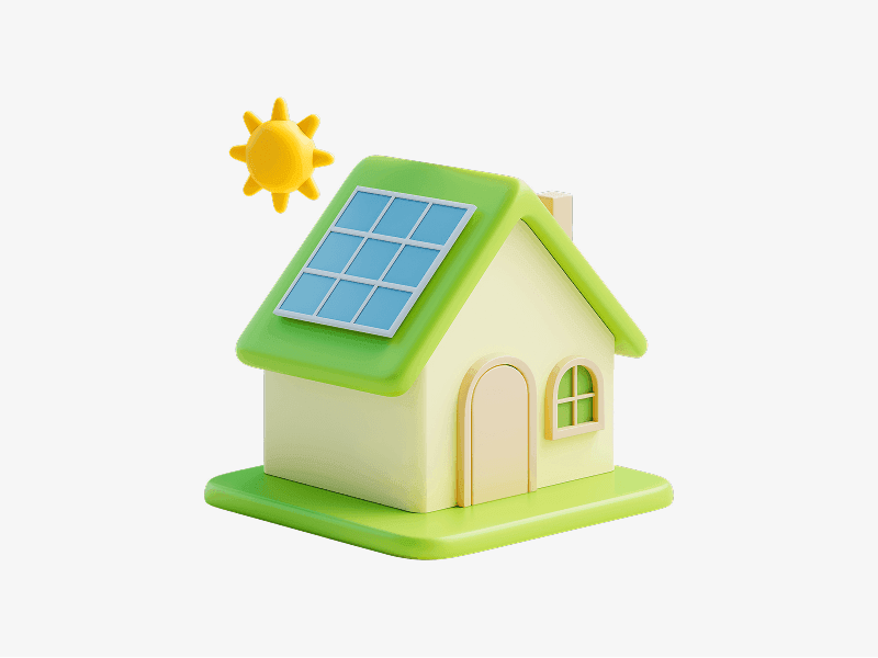 House with solar panels shown as a 3D illustration