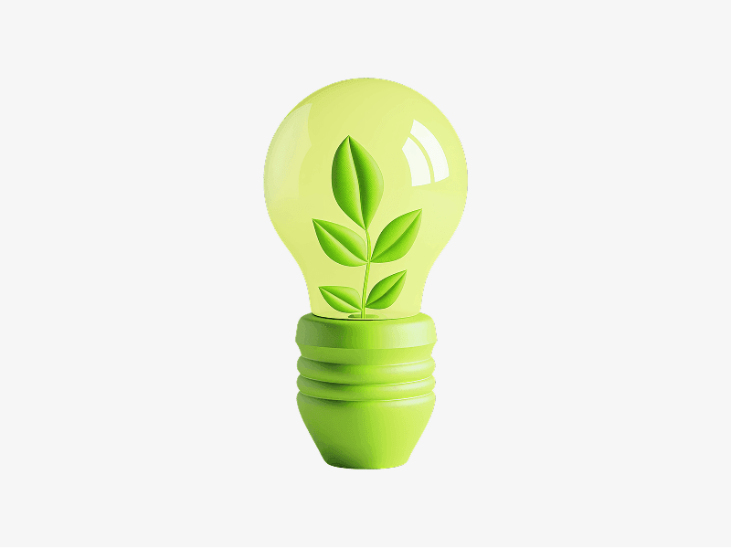 Light bulb with leaf inside shown as a 3D illustration
