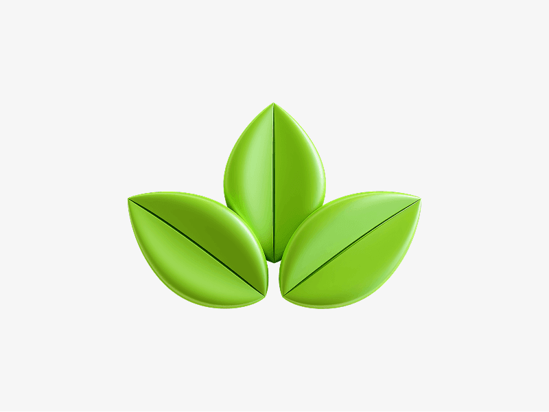 Three green leaves shown as a simple 3D illustration