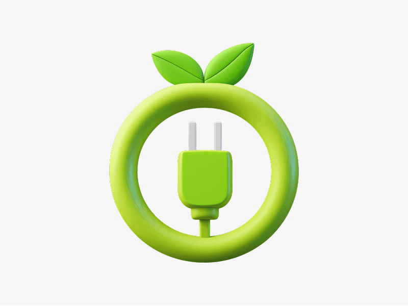 Green power plug inside a circle shown as a 3D illustration