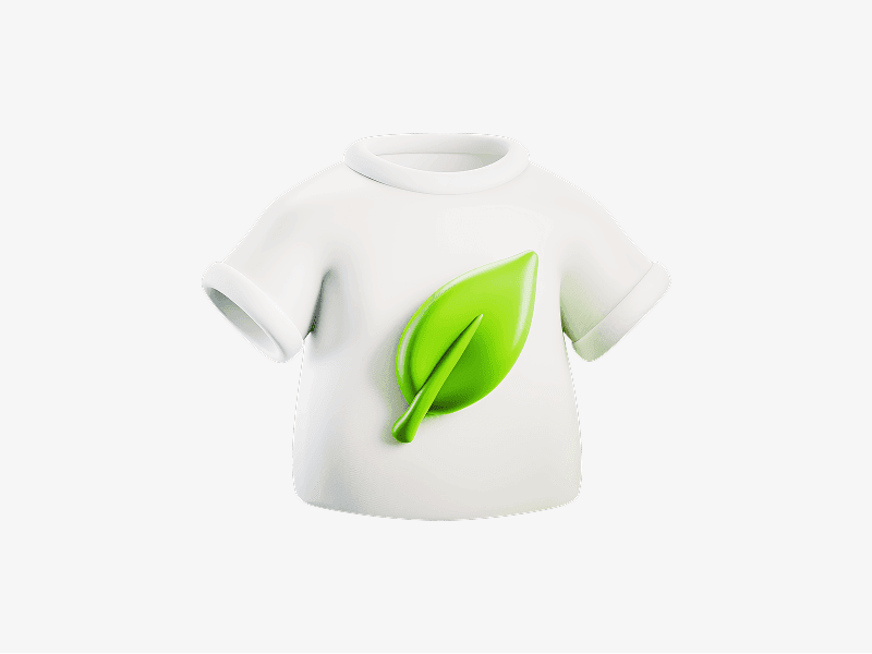 White t shirt with green leaf shown as a 3D illustration