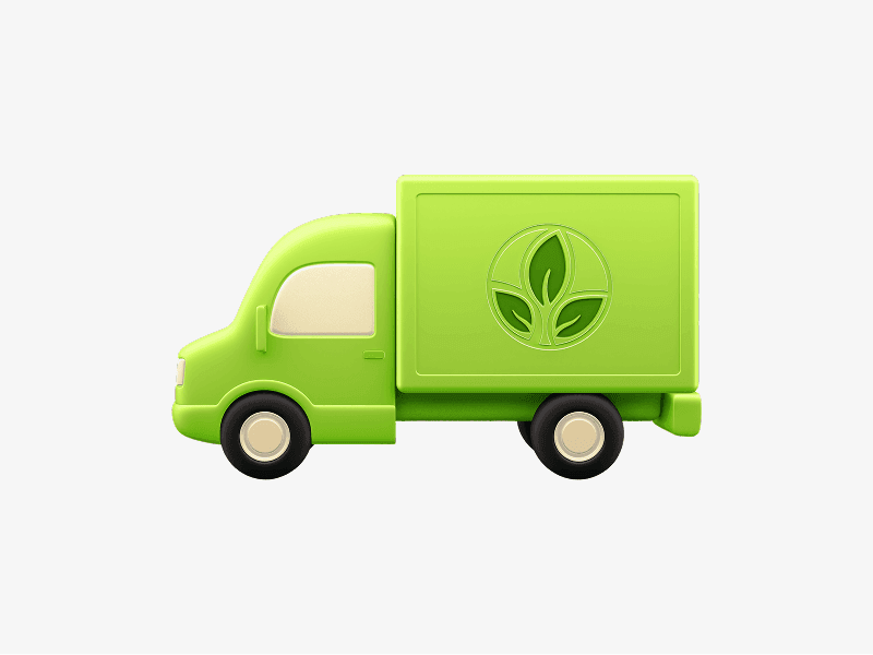 Green delivery truck with leaf symbol shown as a 3D illustration