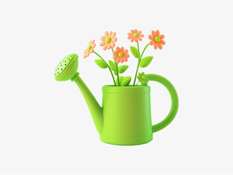 Green watering can with flowers shown as a 3D illustration