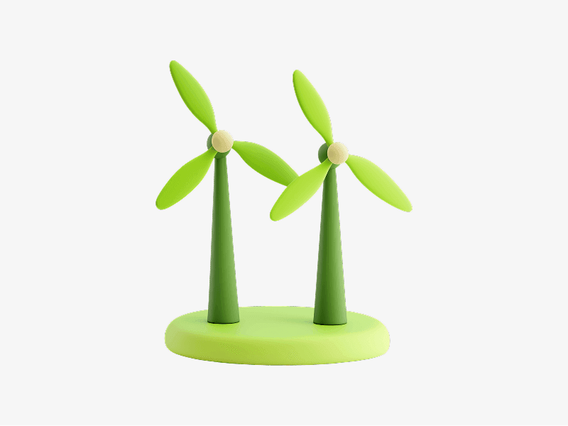 Two green wind turbines standing on a base shown as a 3D illustration