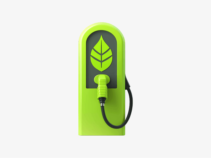 Green electric charging station with leaf icon shown in 3D