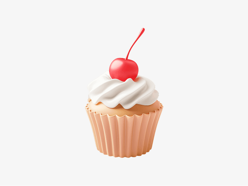 3D illustration of a cupcake topped with cream and cherry