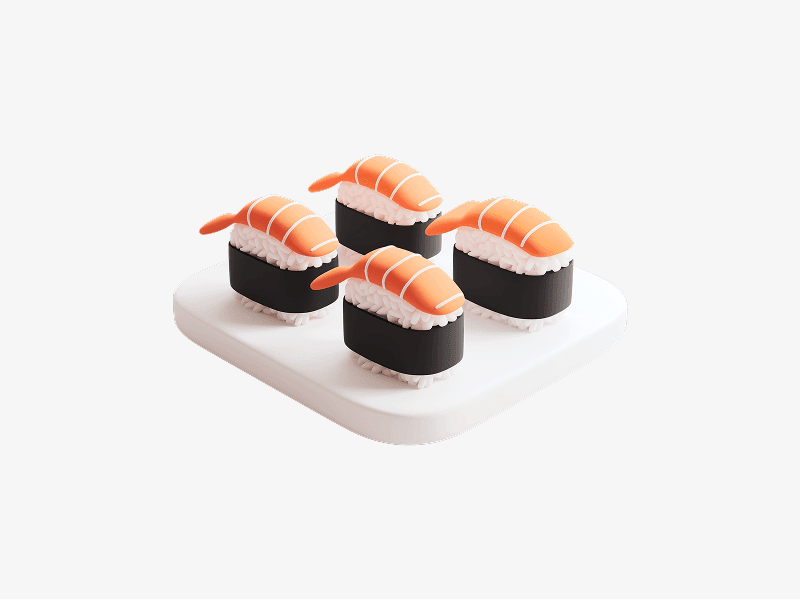 3D illustration of sushi pieces on a plate