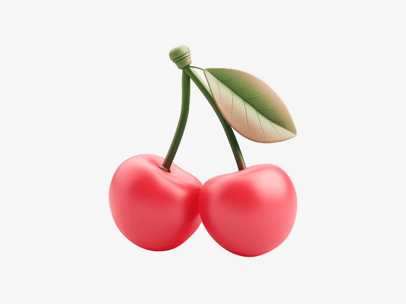 3D illustration of two cherries with stems and a leaf