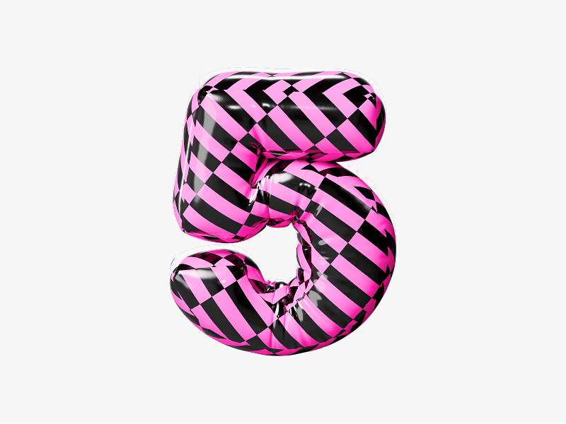 Inflatable number five with stripe pattern shown in 3D