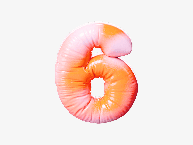 Orange inflatable number six shown as a soft 3D balloon