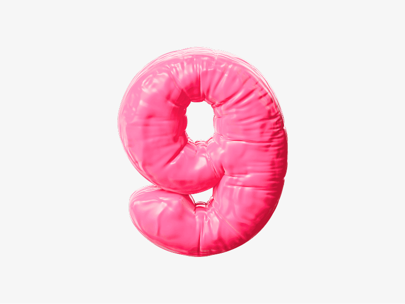 Pink inflatable number nine shown as a glossy 3D balloon