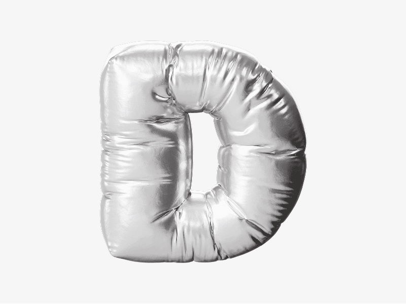 Silver inflatable letter D shown as a 3D balloon