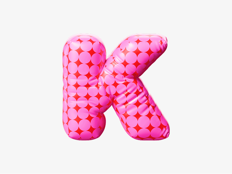 Pink inflatable letter K with pattern shown in 3D