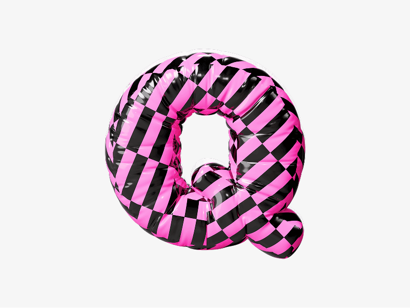 Inflatable letter Q with striped pattern shown in 3D