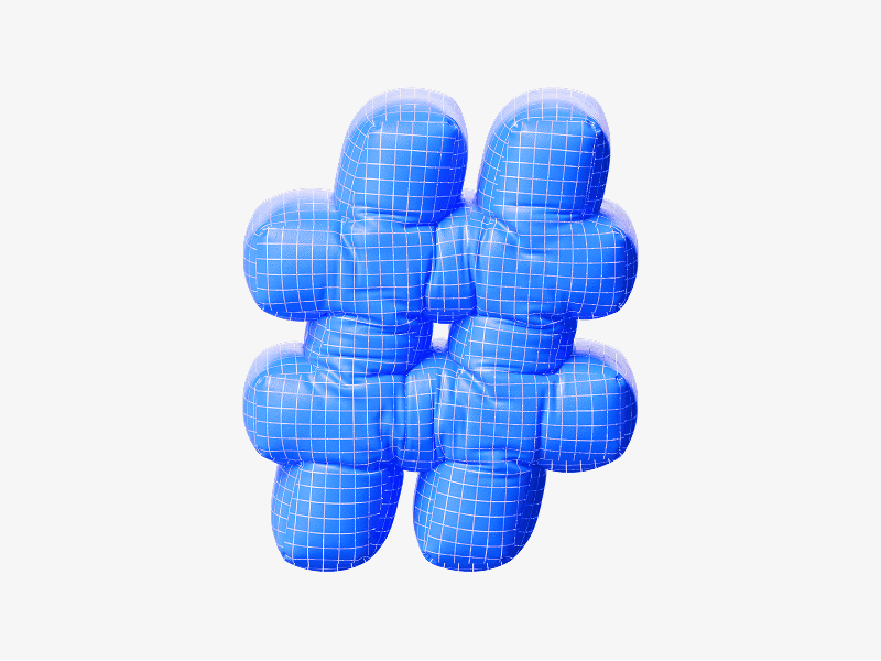 Blue inflatable bubble hashtag shown as a soft 3D shape