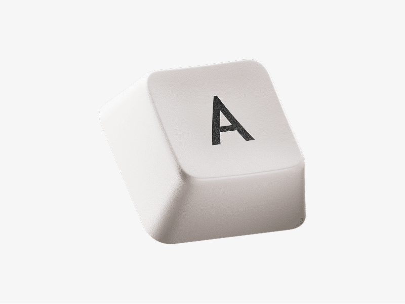 White keyboard keycap with letter A shown as a 3D illustration
