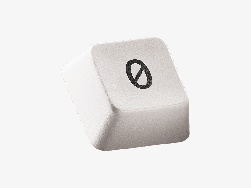 White keyboard keycap with zero symbol shown as a 3D illustration
