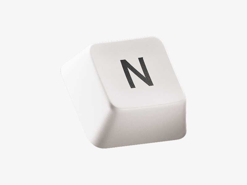 White keyboard keycap with letter N shown as a 3D illustration