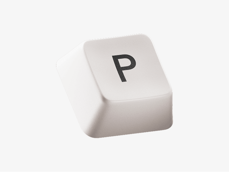 White keyboard keycap with letter P shown as a 3D illustration
