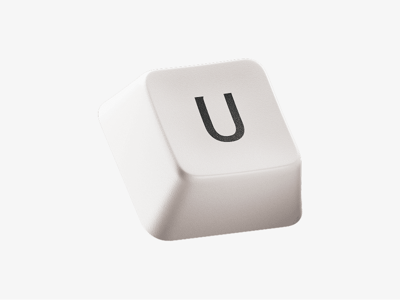 White keyboard keycap with letter U shown as a 3D illustration