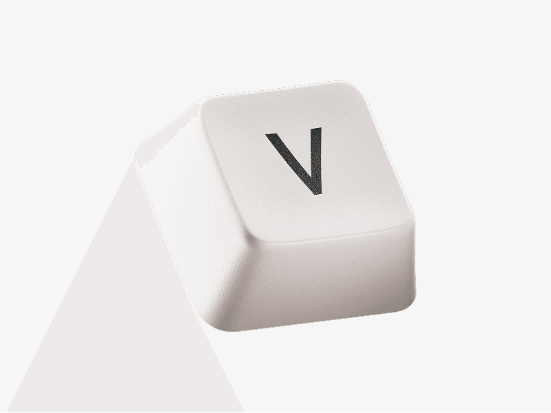 White keyboard keycap with letter V shown as a 3D illustration