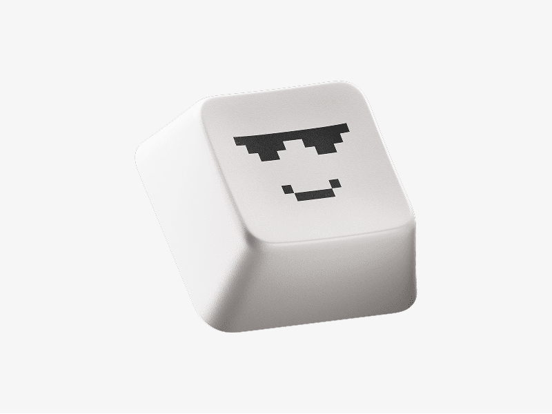 Keyboard keycap with face wearing glasses shown as a 3D illustration