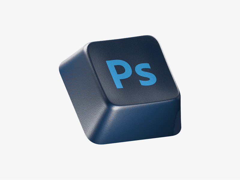 Dark keyboard keycap with Photoshop logo shown as a 3D illustration