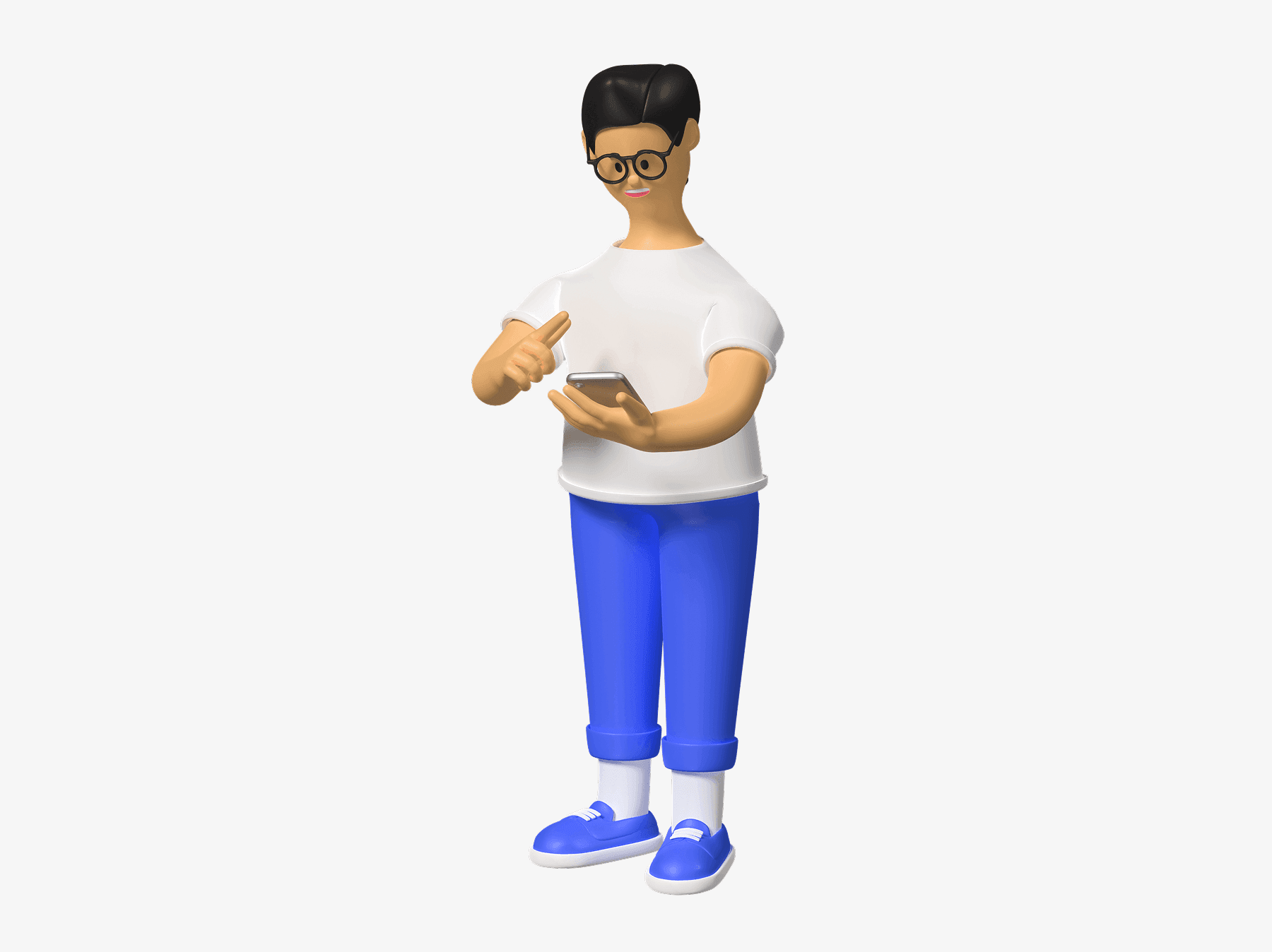 Free 3D character of a man with glasses and blue pants holding a smartphone, standing and texting