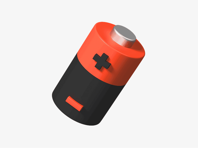 3D illustration of a battery with plus and minus symbols