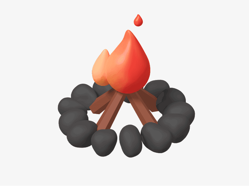 3D illustration of a campfire with flames and stones