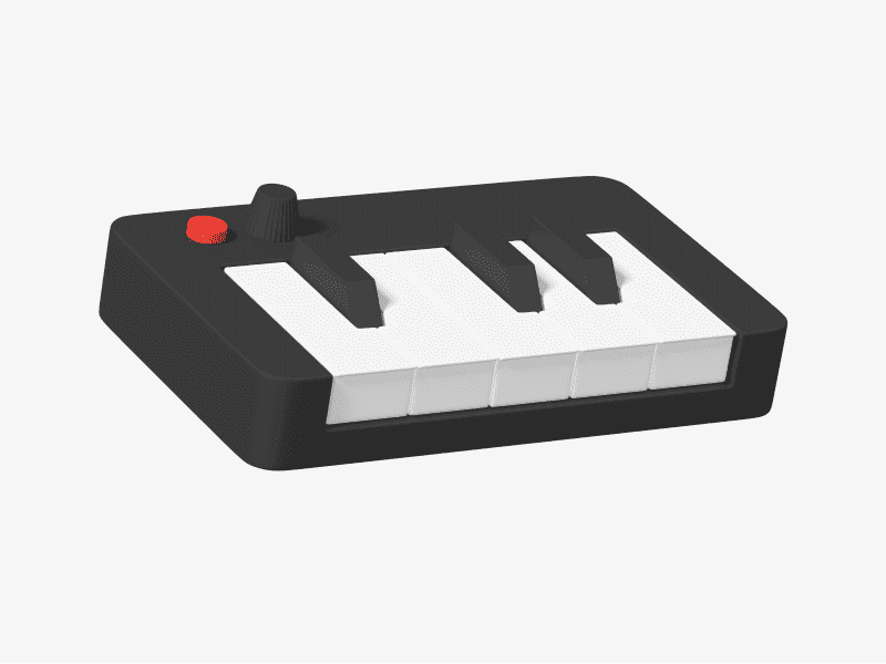 3D illustration of a small piano keyboard shown from the left angle