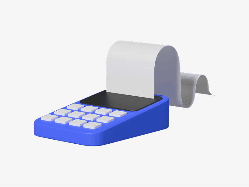 3D illustration of a blue cash register with keypad and printed receipt