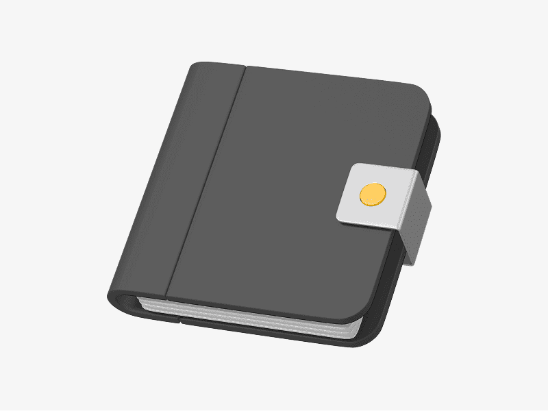 3D illustration of a closed gray notebook with a button strap