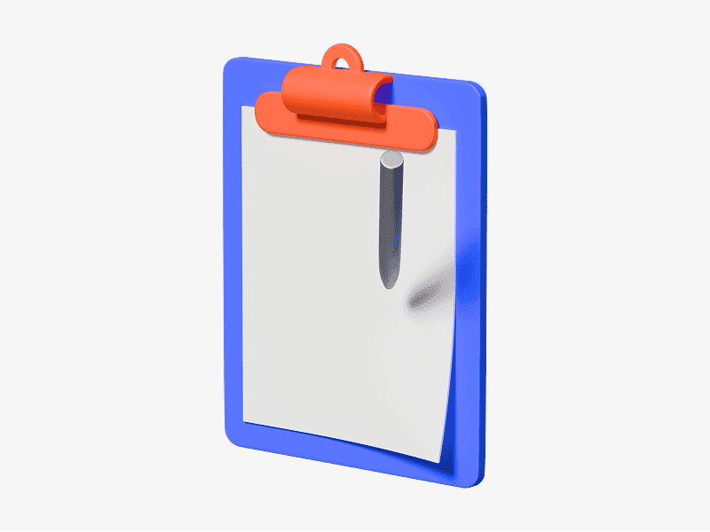 3D illustration of a blue clipboard with paper and red clip