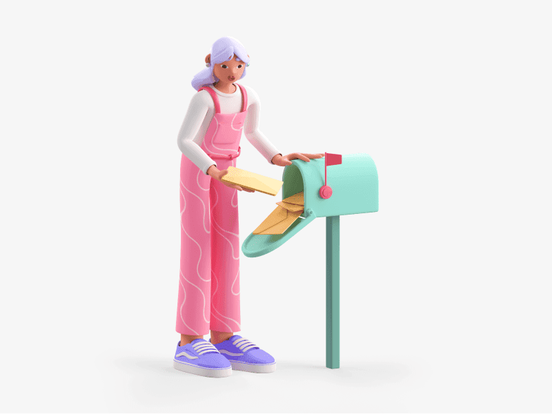 3D illustration of a girl putting a letter into a mailbox