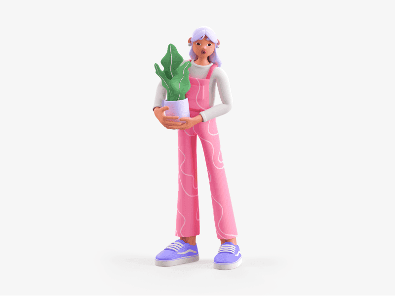 3D illustration of a girl holding a potted plant