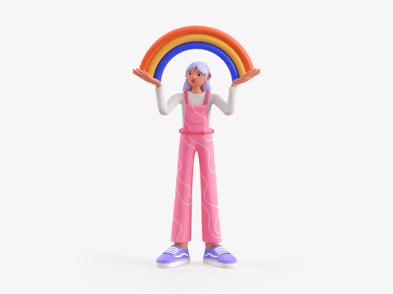 3D illustration of a girl holding a rainbow above her head
