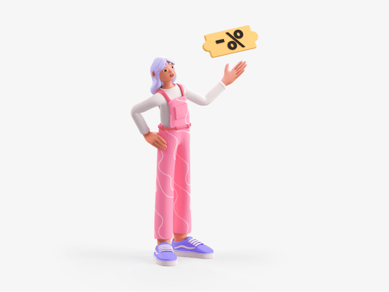 3D illustration of a girl holding a discount tag