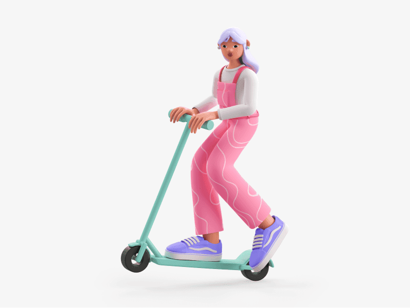 3D illustration of a girl riding a kick scooter